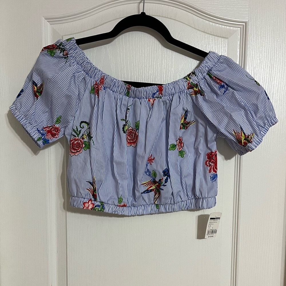 Blue & White Striped Off/On Shoulder Crop Top with Birds & Flowers